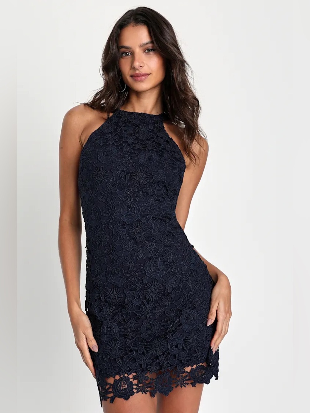 Lulu's Navy Blue Crochet Halter Mini Dress Modern Romantic Elegance